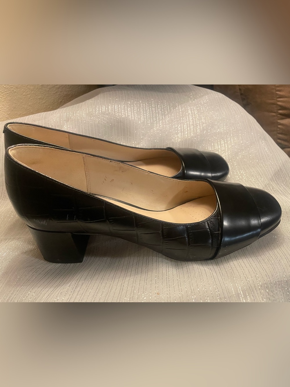 Clarks Black Croc-Texture Low Block Heel Pumps